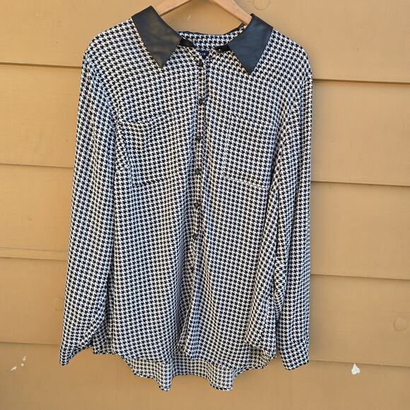 Torrid Madison black & white Houndstooth faux leather collar Button blouse sz 3 - Picture 2 of 11